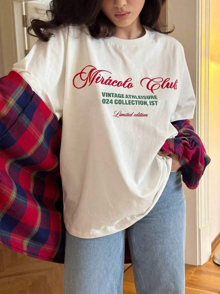 Camiseta de Mujer de Manga Corta con Cuello Redondo y Diseño de Hombros Caídos, Tejido de Punto Casual, Largo Regular para Atuendos Diarios WFGY - Blanco - Ver 1