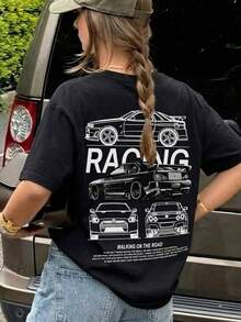 Camiseta Casual para Mujer con Estampado de Coche de Carreras Negro, Mangas Cortas con Hombros Caídos y Cuello Redondo CLDW - Negro - Ver 6