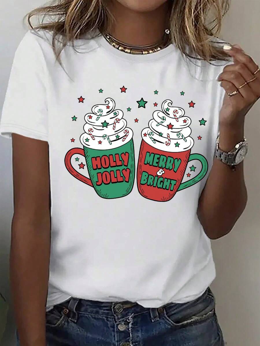 (001 # ) Camiseta de mujer de cuello redondo, camiseta de manga corta con estampado temático de Navidad, top casual de vacaciones con divertido patrón de taza - Blanco - Ver 1