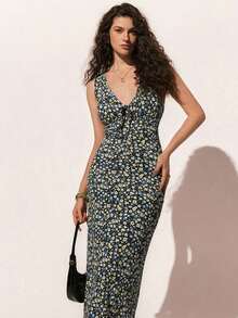Vestido de verano con escote en V sin mangas con estampado floral diminuto para vacaciones en la playa - Azul - Ver 2