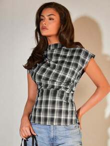 Blusa plisada con cuello para mujer, elegante para la oficina, artículo de moda versátil, adecuado para el trabajo, salidas casuales, fiestas, con estampado de cuadros marrones - Negro - Ver 4