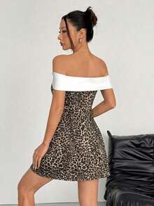 Vestido mini de punto negro y blanco con hombros descubiertos para mujer - Multicolor - Ver 2