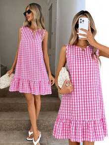 Vestido de verano estilo bohemio con cuello redondo sin mangas y corte evasé a dos colores a cuadros, vestido esencial para vacaciones y uso diario al aire libre - Rosa - Ver 7