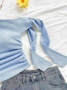 Top ligero de mujer con cuello asimétrico y tirantes de lazo, adecuado para fiesta, vacaciones, festival de música, estilo bohemio, cita de vacaciones, té de la tarde, top corto verde, elegante, campestre, chic, salir, tops para mujeres, Halloween, otoño, blusas casuales para mujer, fiesta - Celeste - Ver 3