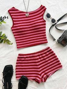 Eduarda Gutierrez  Conjunto de 2 piezas para mujer con top corto de punto a rayas y shorts ajustados de tiro súper bajo, atuendo adecuado para vacaciones, fiestas, Navidad, San Valentín, citas, playa, crucero, carnaval, Pascua, Año Nuevo Chi - Rosa Fucsia - Ver 4
