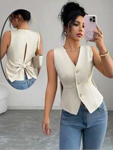 Camiseta de tirantes de mujer de algodón a rayas con lazo y escote en V sin espalda.Ajustada y que realza la figura, muestra por completo el encanto femenino.Adecuada para otoño e invierno, es una opción ideal para citas, vacaciones, ir al - Albaricoque - Ver 8
