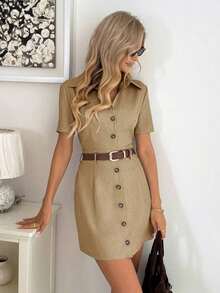 Vestido camisero de mujer de manga corta con rayas - Caqui - Ver 3
