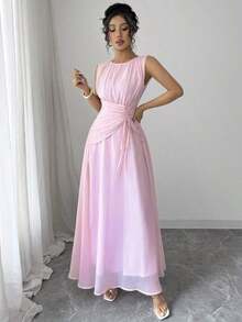 Vestido maxi casual, romántico, vintage y elegante de gasa para mujer con cordón en la cintura, para la playa, el té de la tarde, fiestas de noche, uso diario, sin mangas, de unicolor, vestido largo, primavera/verano - Rosa - Ver 7