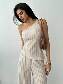 Nuevo conjunto de primavera/verano, elegante atuendo de vacaciones, blusa de lino asimétrico con cintura fruncida y espalda descubierta en color albaricoque y pantalones largos de cintura alta de 2 piezas de traje de lino - Albaricoque 2 - Ver 10