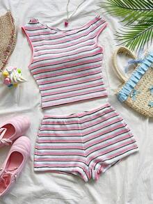Eduarda Gutierrez  Conjunto de 2 piezas para mujer con top corto de punto a rayas y shorts ajustados de tiro súper bajo, atuendo adecuado para vacaciones, fiestas, Navidad, San Valentín, citas, playa, crucero, carnaval, Pascua, Año Nuevo Chi - Multicolor 5 - Ver 7