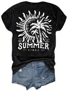 Round Neck T-Shirt With Letter Print, Beach And Sun, Casual Short Sleeve Top For Women, Women's Clothing - Breathable And Skin-Friendly - 白色 - 查看 11