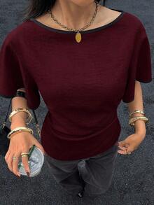 Camisa casual de mujer con ribete de contraste en la cintura y manga corta, para verano - Burdeos - Ver 5