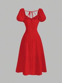 MOD Vestido de verano elegante de mujer de unicolor con mangas abullonadas y cintura ceñida - Rojo - Ver 2