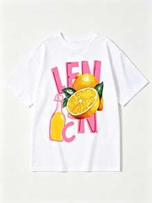 Single Garment Set, Not A 3-Piece Set. 1 Piece/Set Of Short-Sleeved T-Shirts Suitable For Streetwear. Oversized Round Neck Top For Daily Outings, Camping, Concerts, Hip-Hop, Rock, And Rap Events. Women's Short-Sleeved T-Shirts With Round Neck, Casual And Colorful Style, With Letter And Lemon Print "LIMON CELLO", Stylish And Suitable For Daily Wear, Vacation And Summer - 白色 - 查看 2