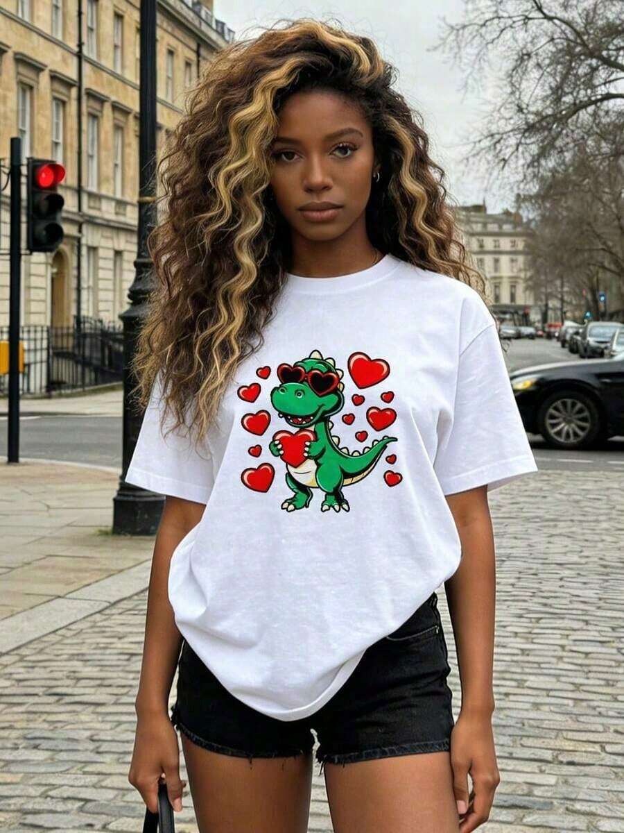 Women's Warm Clothing. Women's Summer Clothes, Soft And Casual Cotton T-Shirt With Round Neck, Cartoon Green Dinosaur Print With Heart-Shaped Sunglasses. White. - 白色 - 查看 1