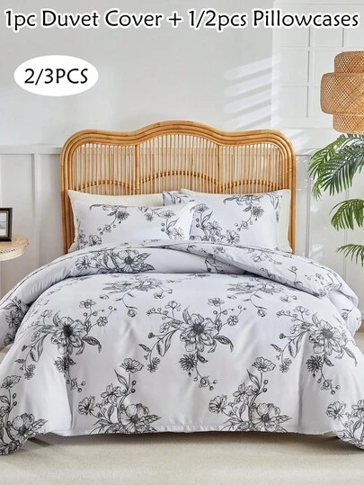 Bộ ga trải giường 2/3 món bằng polyester in hoa đen trắng, phong cách mộc mạc tối giản thanh lịch, phù hợp cho mọi mùa, phòng ngủ và phòng khách, mềm mại và thoáng khí, có thể giặt máy, trang trí phòng ngủ hiện đại, món quà tuyệt vời, cỡ Queen, King (1 ga trải giường + 1/2 vỏ gối, không bao gồm ruột chăn)