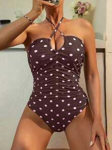 Traje de baño de una pieza con volantes y lunares negros para mujer, ideal para vacaciones en la playa, de la marca Swim Chiccia, sexy y con lazo. - Marrón Mocha - Ver 5