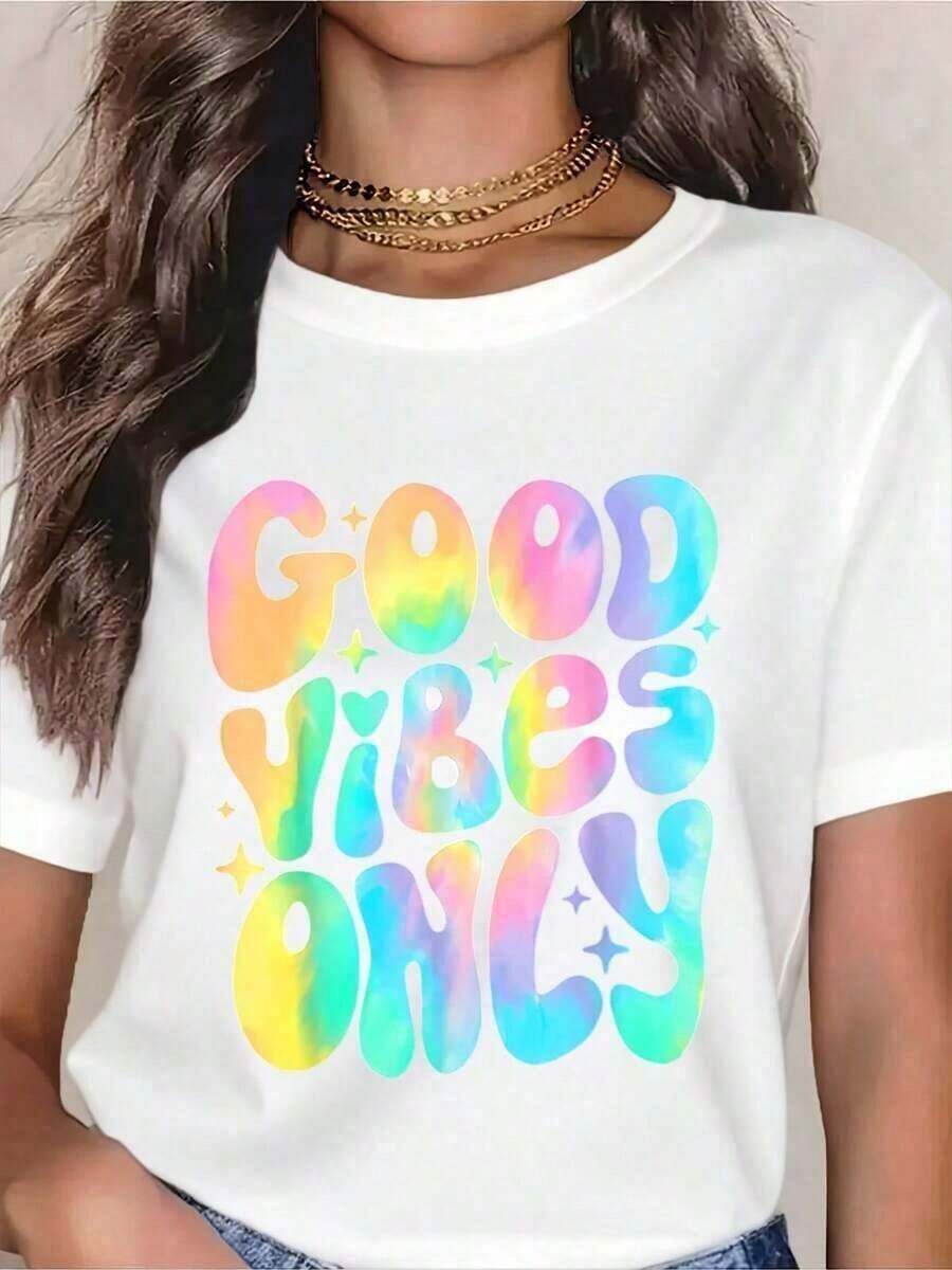 1 Piece Good Vibes Only Tie-Dye Graphic T-Shirt For Women - Colorful Rainbow Print Summer Top, Fun Casual T-Shirt For Beach, Festival, Party And Everyday Wear 180g 100% Soft Cotton Suitable For Spring, Summer And Autumn - 白色 - 查看 1