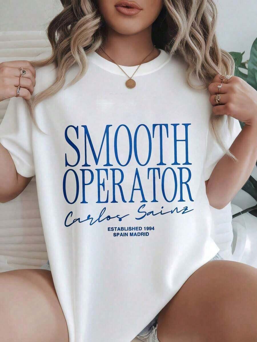 Women's Fashionable Printed Casual T-Shirt, Carlos Sainz 'Smooth Operator' Design, Established In 1994, Madrid, Spain, Suitable For All Seasons

Black - White - View 1