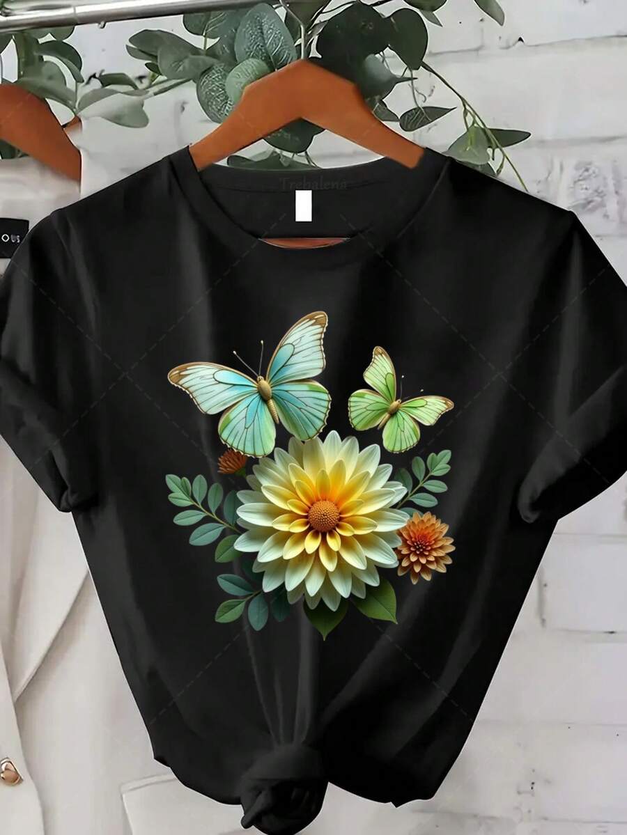 Camiseta Clásica de Talla Grande para Mujer con Estampado de Mariposas - Top Casual de Manga Corta y Cuello Redondo, Suave y Cómoda, Adecuada para Usar en Verano y Otoño, Regalo Ideal para Acción de Gracias/Navidad/Año Nuevo, Éxito de - Negro - Ver 1