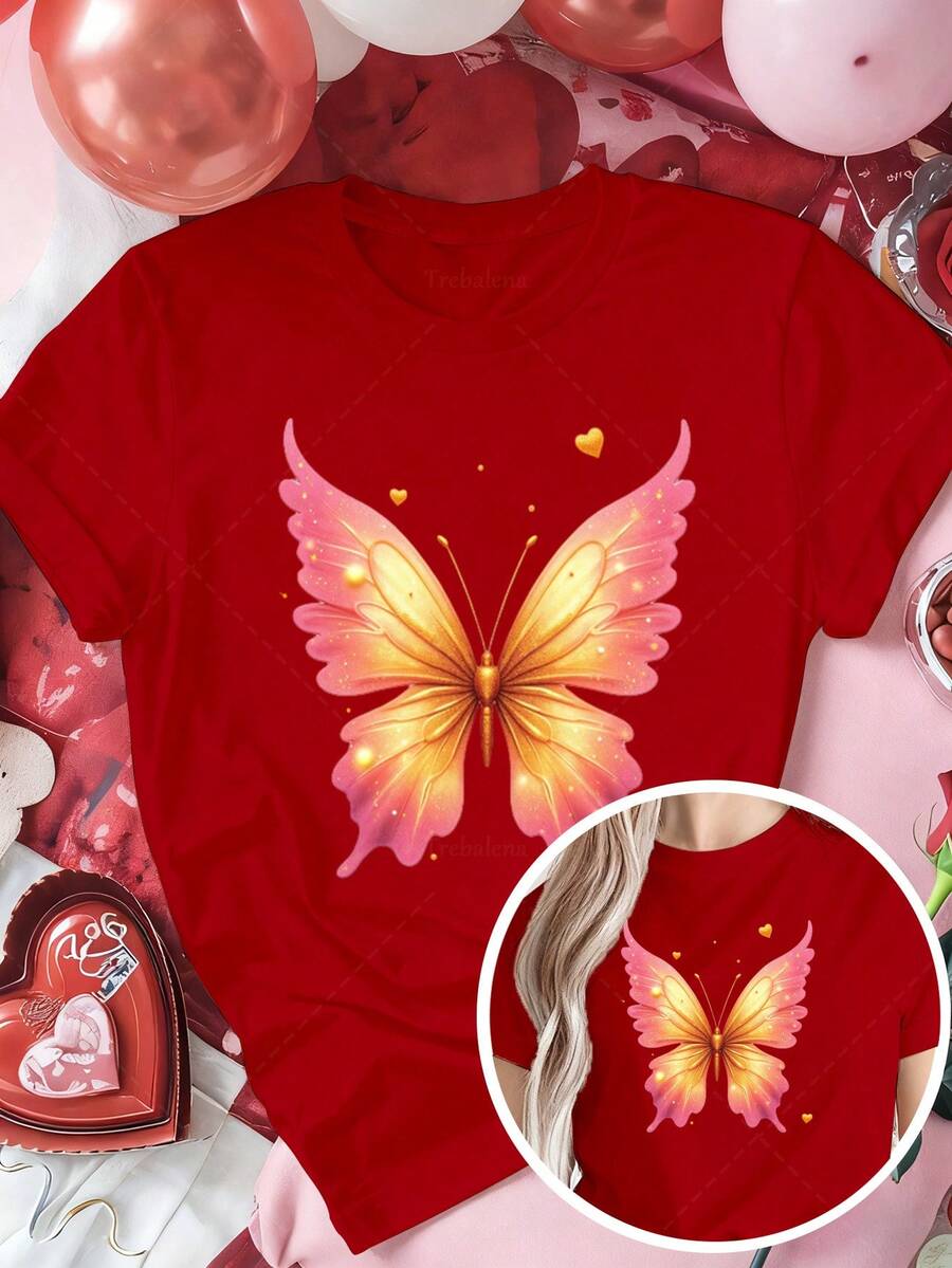 Classic Plus Size Women's Clothing, Pink And Gold Butterfly Wing Print T-Shirt - Cute Short Sleeve Crew Neck T-Shirt For Valentine's Day, Casual Shirt For Summer And Autumn, Ideal Gift For Women At Christmas And New Year (Machine Washable) Best Seller - 紅色 - 查看 1