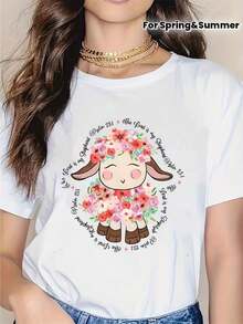 Camiseta de Mujer y Unisex, Suave y Transpirable, con Estampado de Cordero y Flores - Blusa Ligera de Manga Corta y Cuello Redondo, Casual para Primavera y Verano, Lavable a Máquina, Ajuste Regular y Cómodo para Atuendos Casuales - Idea de Regalo Transpirable y cómoda - Blanco - Ver 10