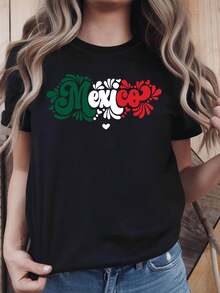Limited Edition Mexico Women's T-Shirt With Floral Decoration And Slogan, Casual Short Sleeve Style, Exotic Festive Style, Mexico Travel Top, Made Of Lightweight Cotton. - 黑色 - 查看 7