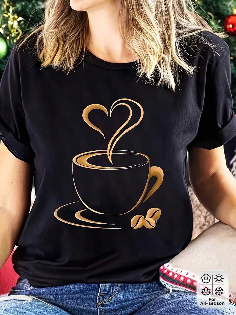 Camiseta Casual de Manga Corta y Cuello Redondo para Mujer – Patrón Geométrico de Granos de Café y Taza en Forma de Corazón, Combinación de Negro y Dorado, Tela Suave y Transpirable, Lavable a Máquina, Cómoda para Todas las Temporadas, Camiseta Estampada a la Moda, Corte Holgado, 100% Algodón. - Negro - Ver 1