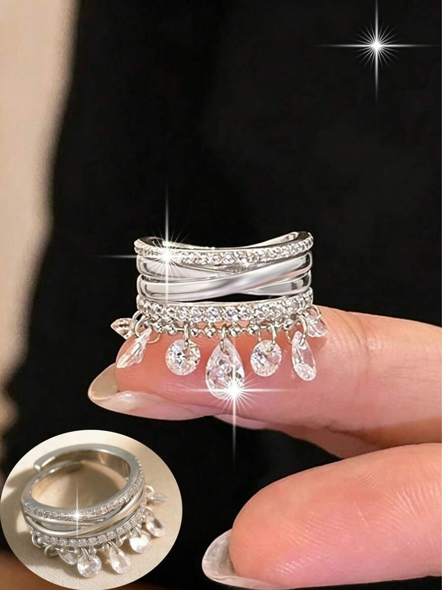 1 chiếc nhẫn đơn thời trang đính pha lê tua rua nhiều lớp giao nhau, đá Cubic Zirconia lấp lánh, thích hợp cho nữ, dùng hàng ngày, tốt nghiệp, lễ hội âm nhạc, kỷ niệm, quà tặng trang sức bằng đồng. - tua rua - Xem 1