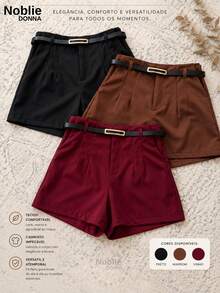 Set Of 3 Women's High-Waisted Tailored Shorts With 1 Belt - 1 BLACK 1 WINE 1 BROWN - View 1