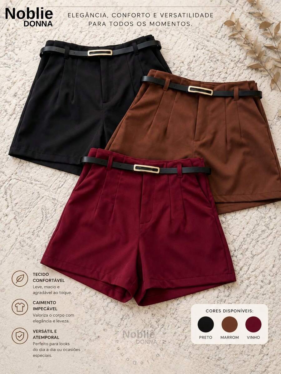Set Of 3 Women's High-Waisted Tailored Shorts With 1 Belt - 1 BLACK 1 WINE 1 BROWN - View 1