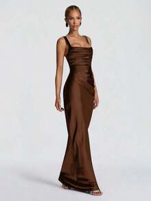 Red Satin Square Neck Maxi Dress, Ruched Bodycon Formal Evening Gown With Gloves - 棕色 - 查看 3