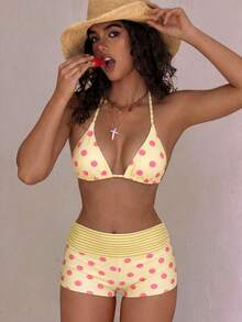 Women's Retro Polka Dot High-Waisted Bikini Set, Purple & Pink Swimwear, Suitable For Music Festivals, Swimming Pools, Parties, Summer Beach Vacation - Light Yellow - View 5