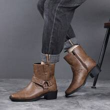 Men's Western Faux Leather Ankle Boots, Square Toe Metal Studded Harness Booties With Side Zipper Block Heel, Non-Slip Comfort Casual Cowboy Footwear - màu nâu - Xem 6