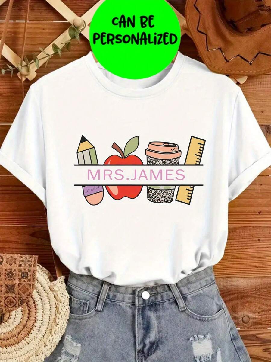 Regalo personalizado para el Día de San Valentín y el Día del Maestro: Camiseta de mujer personalizada con tu texto personalizado estampado termoadhesivo en el pecho frontal - Negro - Ver 1
