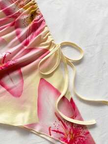 Vestido ceñido con estampado floral romántico de color rosa sobre base blanca, con dobladillo asimétrico, cuello halter y lazo, para vacaciones, playa, estilo occidental, festivales, verano, estilo bohemio - Vestidos de verano para mujer - Rosa - Ver 5