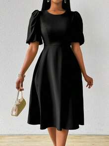 Vestido verde de manga abullonada larga, cuello en V, cintura recogida y bajo acampanado, para primavera y verano - Negro - Ver 3