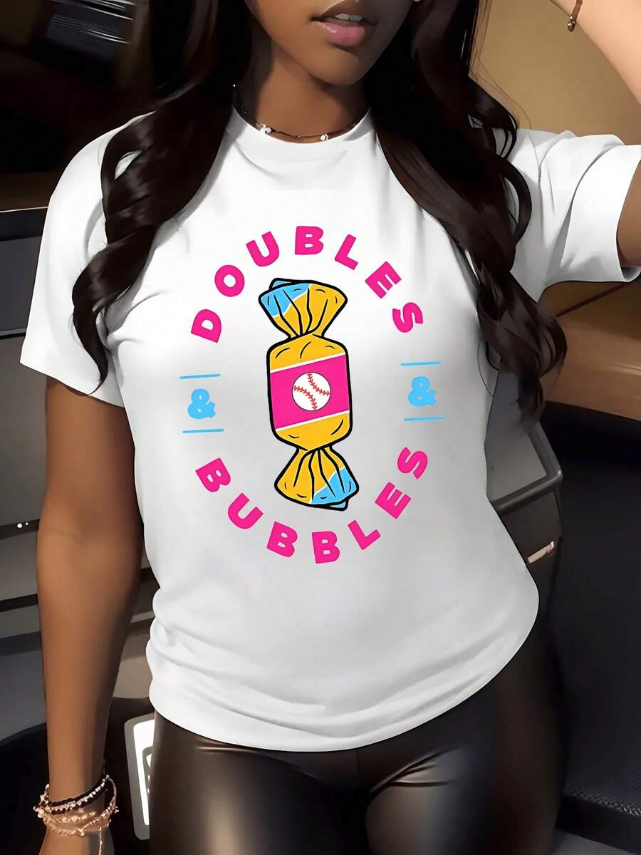 Colorful Candy With A Baseball In The Center Symbolizing Fun, Energy, And The Joy Of The Game. Bright Colors Evoke Youth And Enthusiasm. Comfortable, Modern, Casual Women's T-Shirt For Everyday Wear. - 白色 - 查看 1