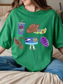 Camiseta de manga corta blanca de corte relajado con estampado gráfico de patrón retro, para mujer, combina con todo, suave. - Verde - Ver 4