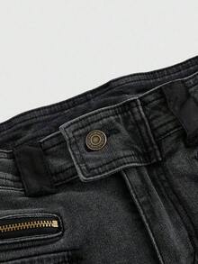 ROMWE Grunge Punk Shorts vaqueros de tiro súper bajo con parches, estilo Harajuku Gyaru Gal Y2K, de cintura súper baja y peludo - Gris Oscuro - Ver 3