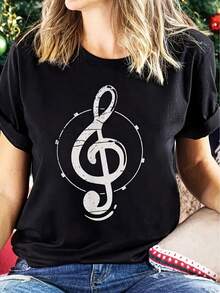 Camiseta con estampado, top casual de manga corta y cuello redondo, ropa de mujer para primavera/verano. - Negro - Ver 1