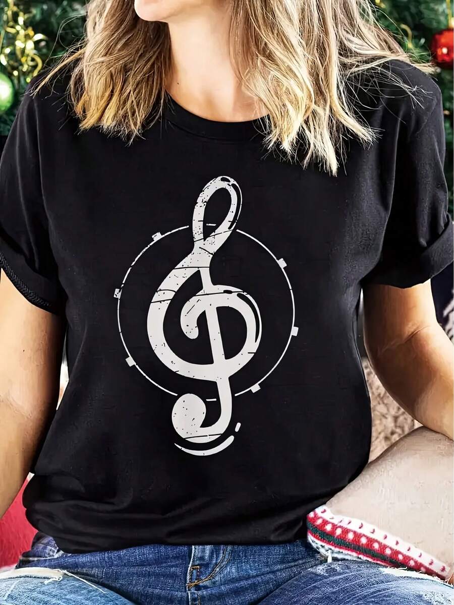 Camiseta con estampado, top casual de manga corta y cuello redondo, ropa de mujer para primavera/verano. - Negro - Ver 1