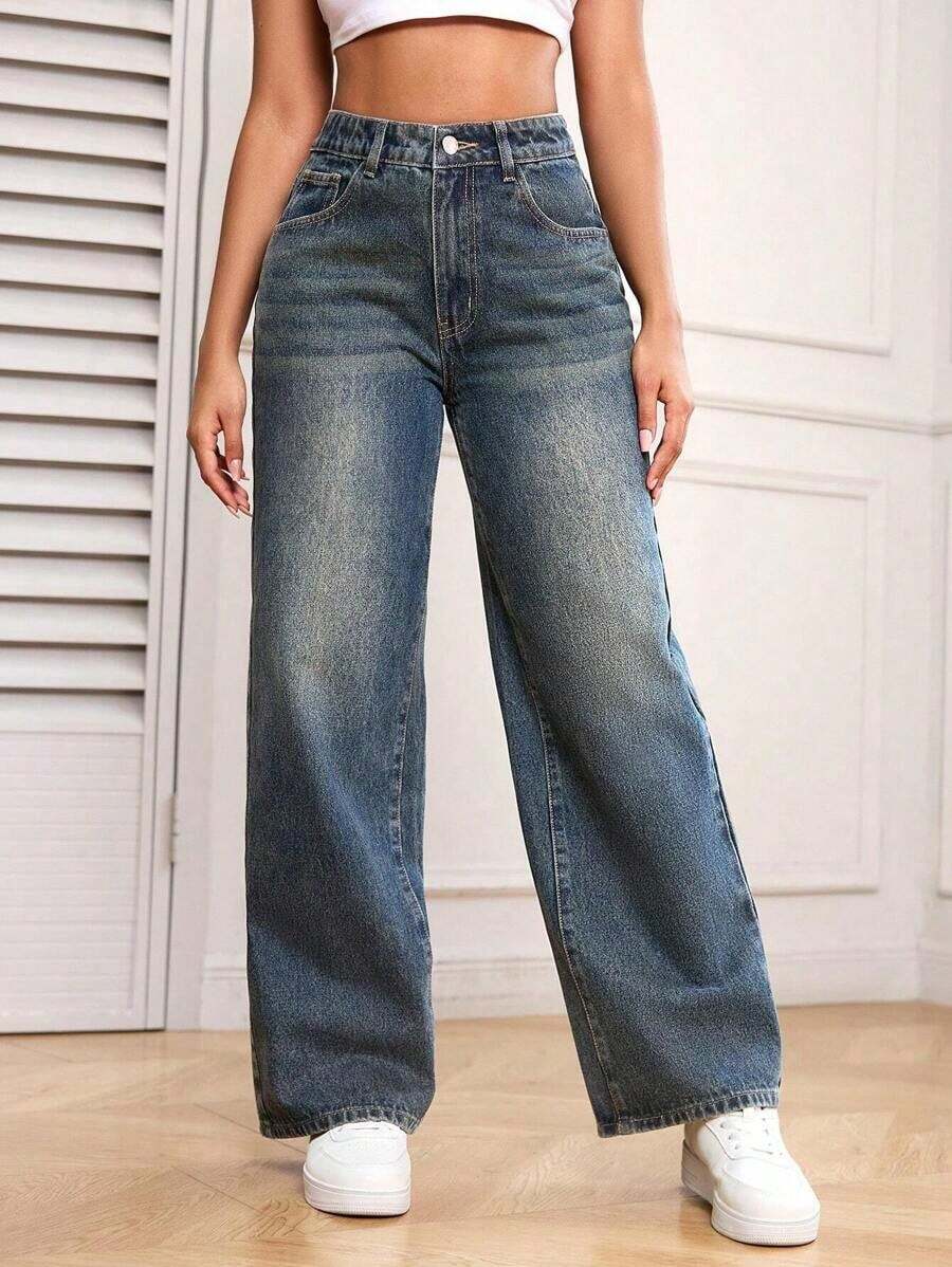 PETITE Jeans rectos de pierna derecha lavados de manera casual - Azul lavado oscuro - Ver 1