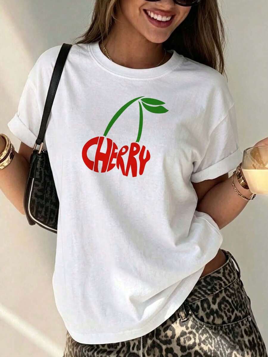 Camiseta Holgada para Mujer Blanca con Estampado de Cereza "Cherry", Cuello Redondo de Manga Corta, Top Casual de Verano, Ropa Cómoda para Uso Diario y Ocasiones Informales, Estilo Relajado Chic - Blanco - Ver 1