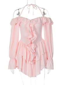 Éxito de  Mono Casual Cuello Halter Escote Bajo con Volantes Manga Larga - Rosa - Ver 4