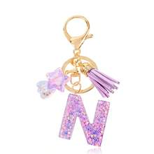 1 Pc Cute Purple Glitter Letter Keychain, Initial Resin Keyring With Tassel & Star Charm, Fashion Aesthetic Purse & Car Key Accessory - Purple - View 31