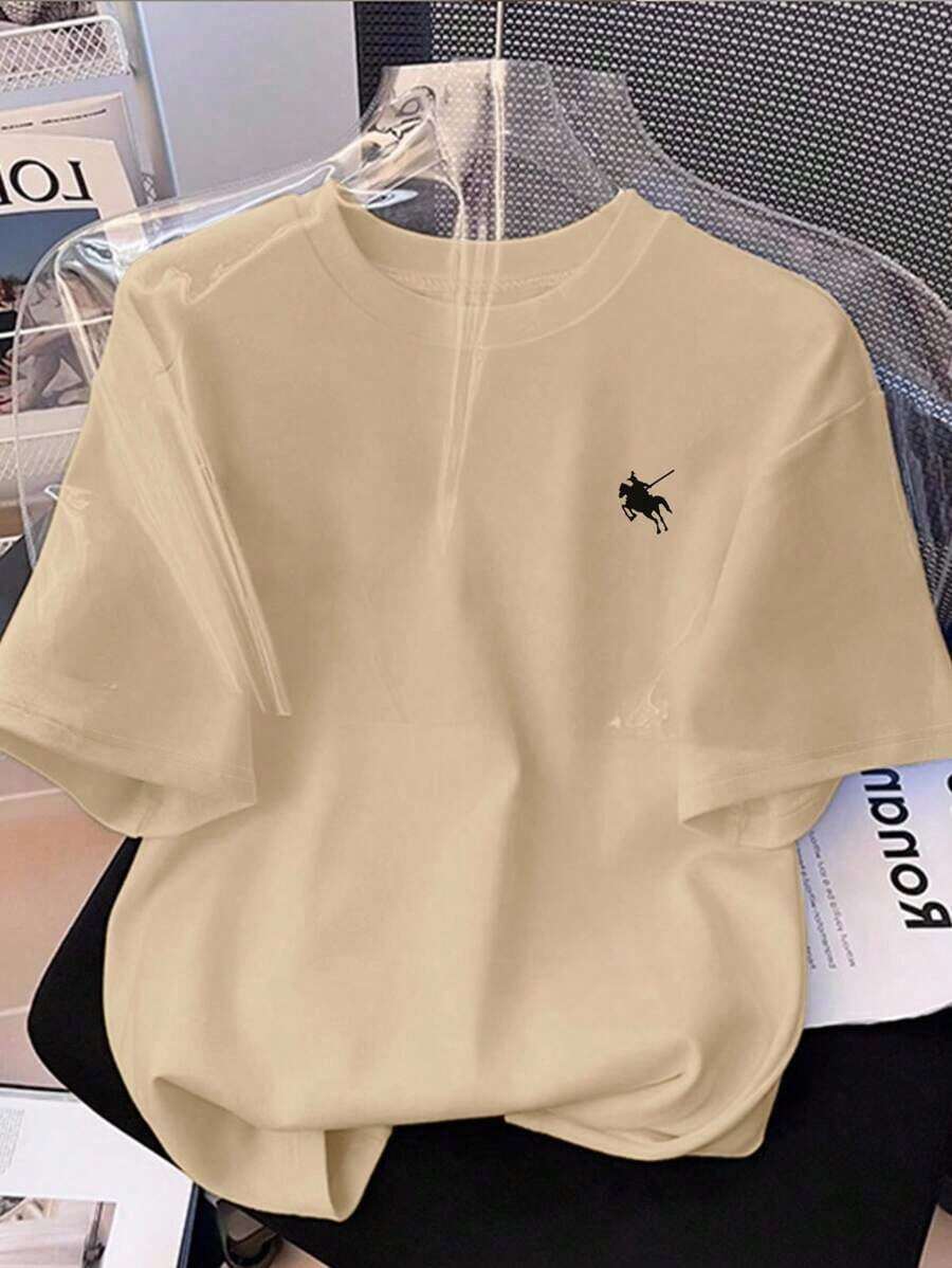 New Women's Minimalist Summer Casual T-Shirt With Gentleman Print - Unisex Vintage Urban Style, Loose Fit Short Sleeve Cotton T-Shirt With Round Neck - 杏色 - 查看 1