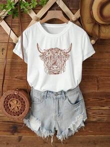 Camiseta con estampado de vaca Highland Shaggy Cowlick de Cute Rodeo, para mujer, holgada, informal, de cuello redondo y manga corta, estilo animal de granja del oeste. - Blanco - Ver 6