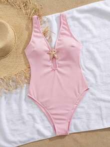 Traje de baño de una sola pieza para mujer, diseño de cortes circulares con cruce de bandas y decoración de estrellas de mar metálica, que proporciona control de abdomen - Rosa - Ver 5