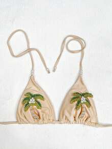 Bộ bikini hai mảnh màu mơ, kiểu dáng tam giác, cổ trễ, được trang trí bằng ngọc trai và thêu hình cây cọ, gợi cảm và thanh lịch, thích hợp cho nữ giới tham gia các hoạt động thư giãn mùa hè, đi biển, dự tiệc bể bơi. - Màu be - Xem 5